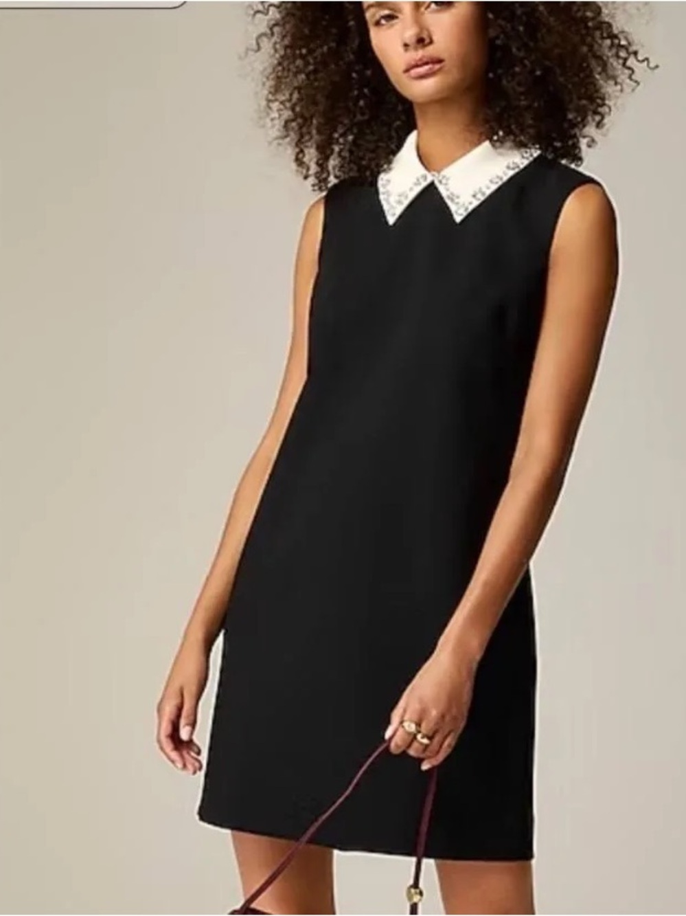 J Crew Ora Italy Black Sleeveless Shift Dress with White Embellished Collar